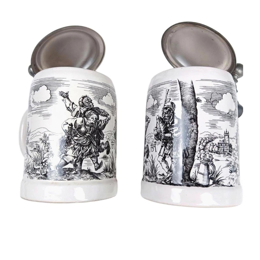 Ulmer Keramik German Beer Stein Set Albrecht Durer Dancing Peasants Bagpiper